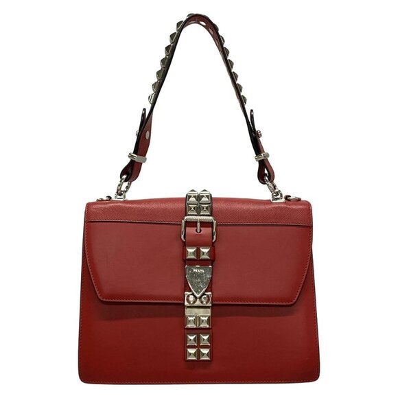 Auth PRADA Electra 1BA179 Fuoco Nero (Red) Black City Calf Saffiano Leather - Picture 1 of 16
